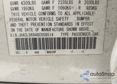 2008 Acura Tsx from USA, damaged, VIN JH4CL96948C008514